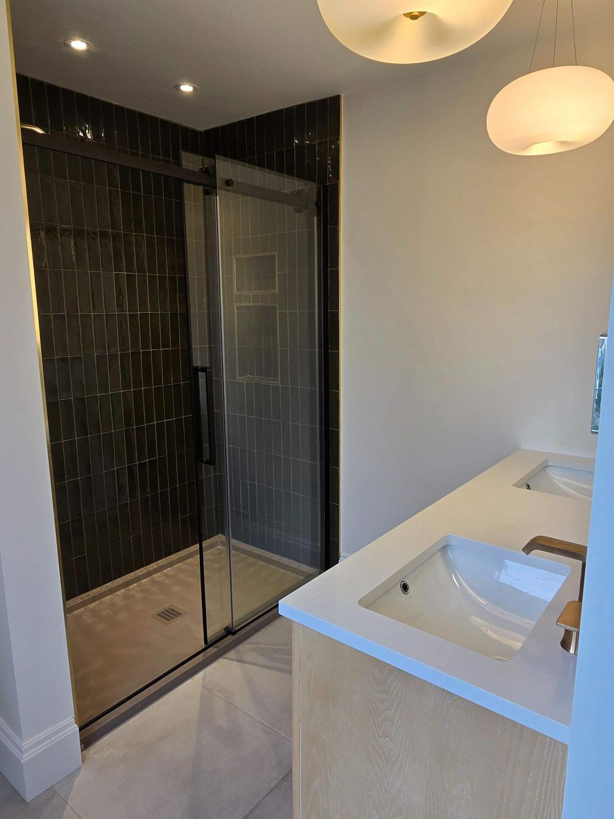 Newtown Road — the finished shower and vanity together.