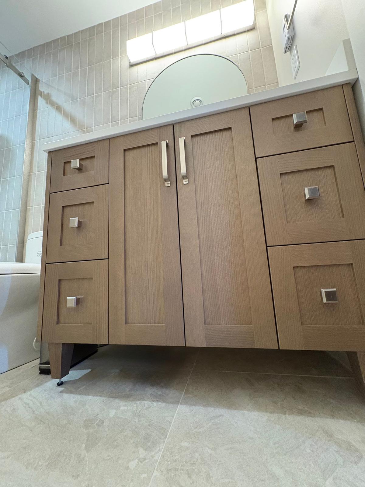 Ranger Avenue — finished vanity cabinetry detail.